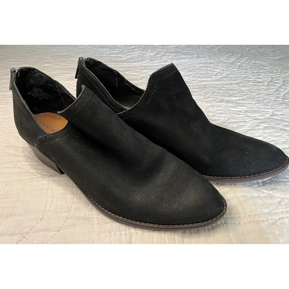 Lucky Brand Fitina Black Leather Ankle Booties V-Cut Stacked Heel Size 11 M